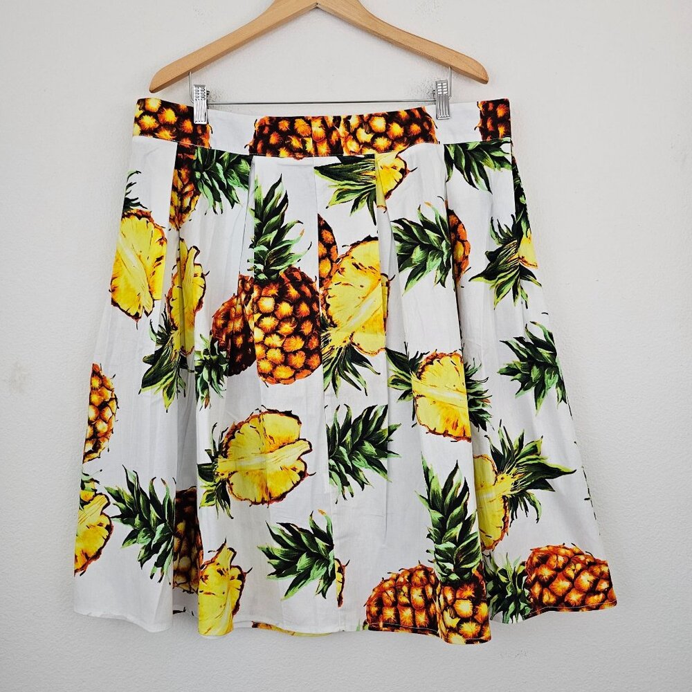 Womens Sz 3X Tropical Pineapple Print Pleated Swing Skirt Cotton Blend Retro NWT
